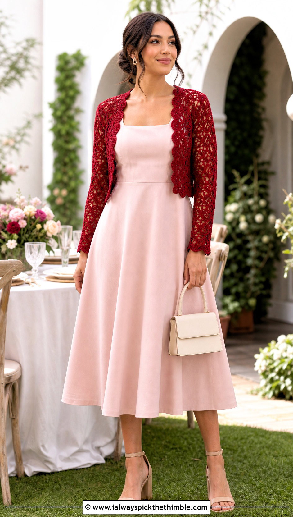 Scalloped Crochet Long Sleeved Shrug With Square Neck Dress - 15 Long Sleeved Crochet Shrug outfit ideas