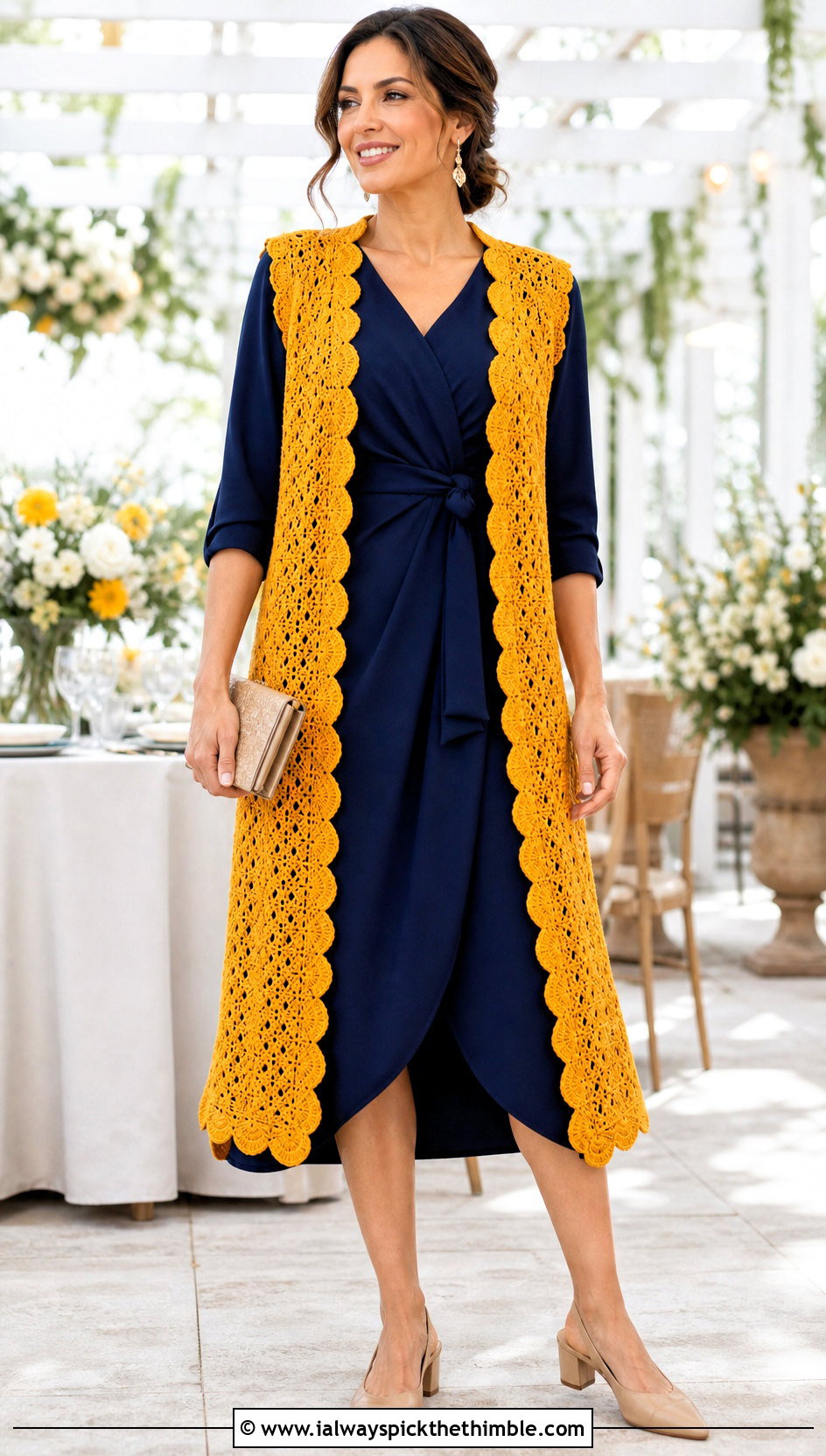 Scalloped Crochet Long Vest With Wrap Dress - 25 Crochet Long Vest outfit ideas