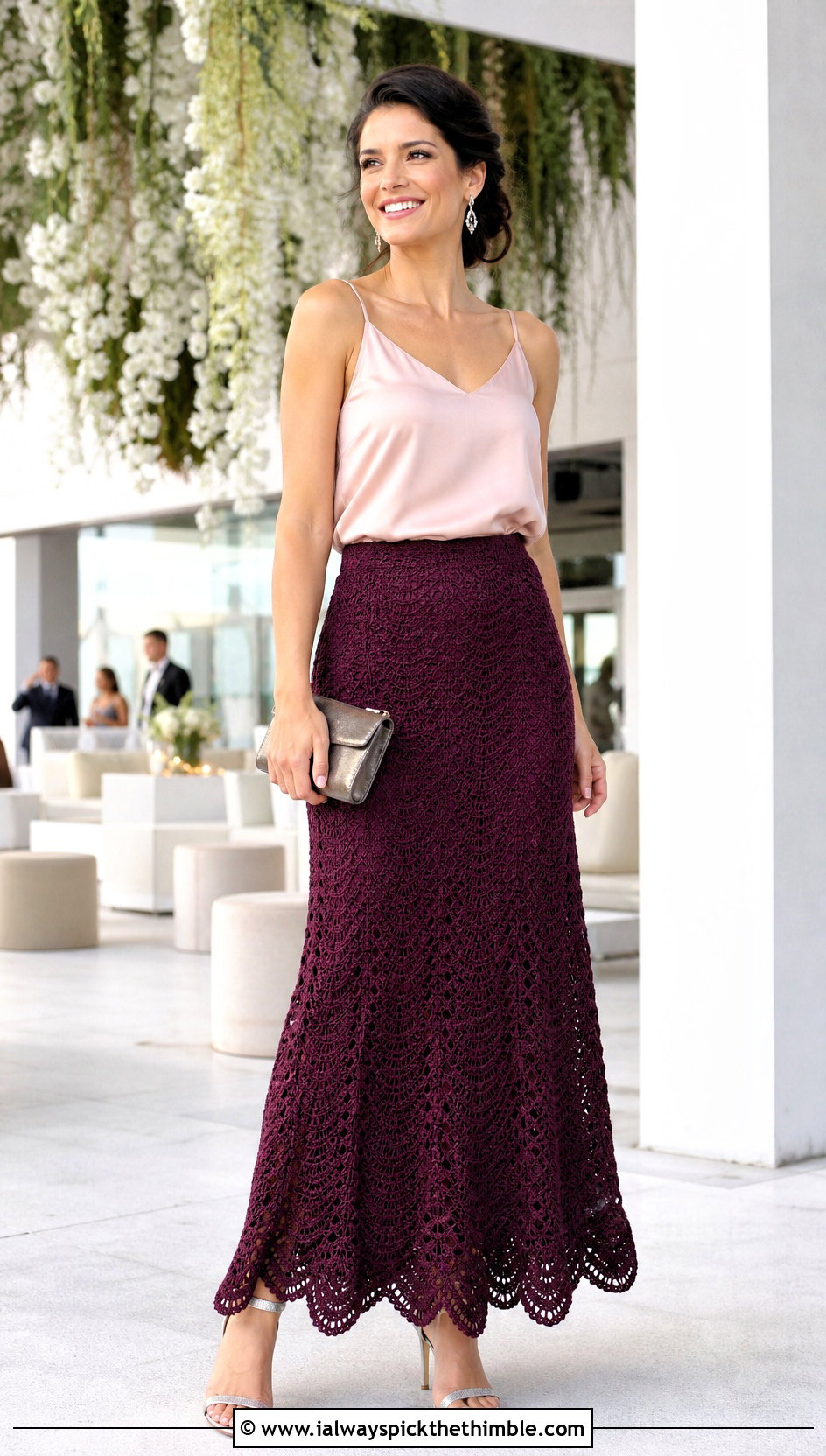 Scalloped Crochet Maxi Skirt With Satin Camisole - 20 crocheted maxi skirt outfit ideas