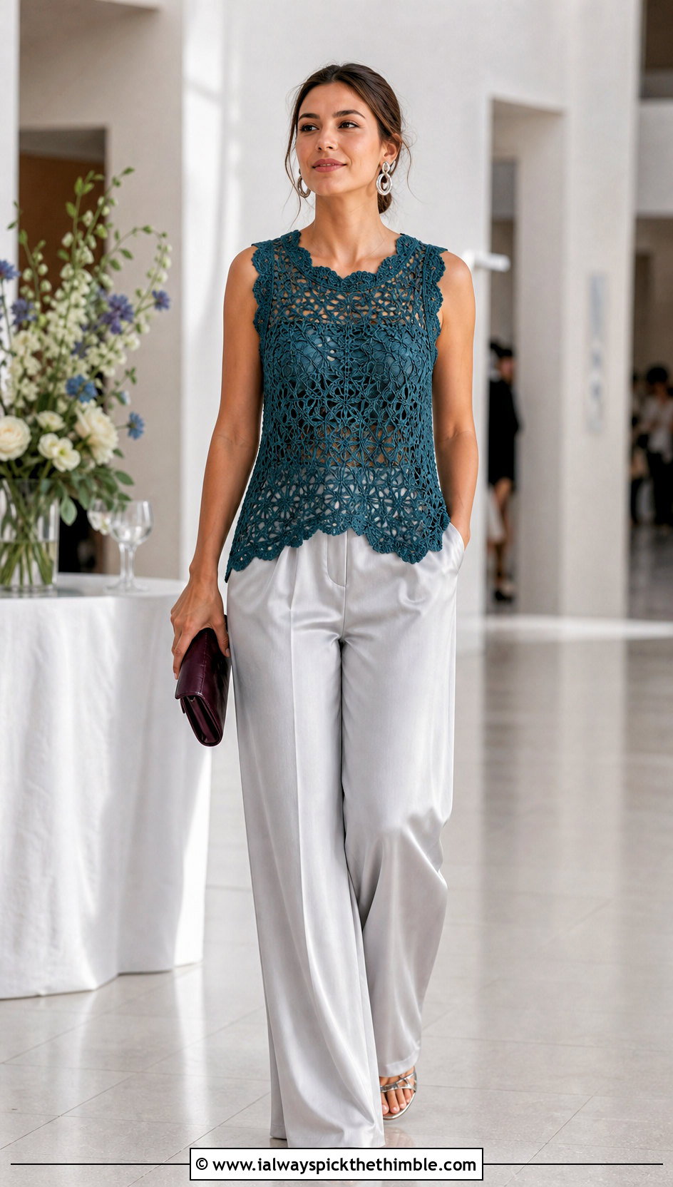Scalloped Crochet Mesh Shell Top With Satin Trousers - 15 Crochet Mesh Summer Top outfit ideas