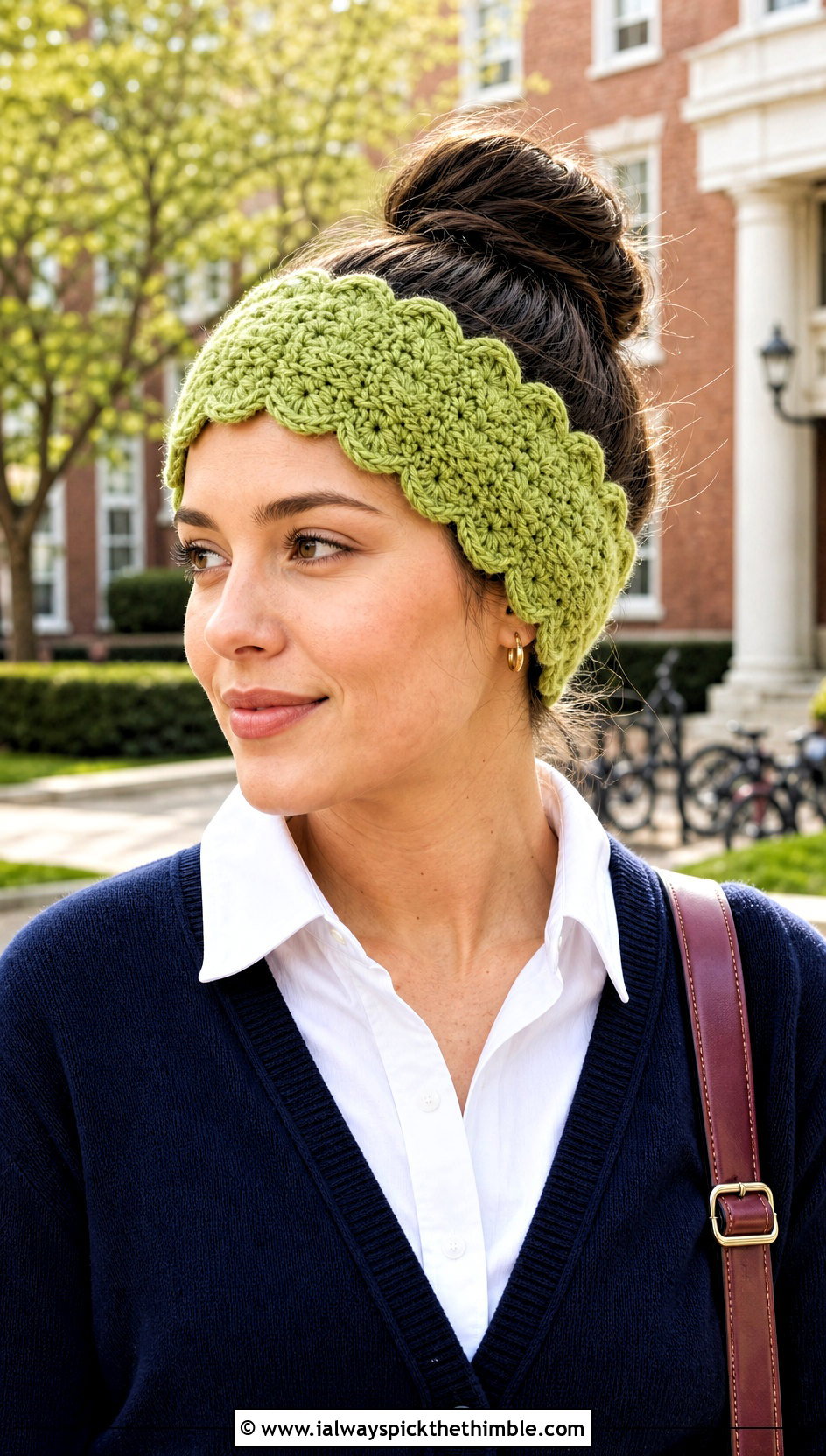 Scalloped Crochet Messy Bun Ear Warmer With Preppy Cardigan - 20 Crochet Messy Bun Ear Warmer outfit ideas