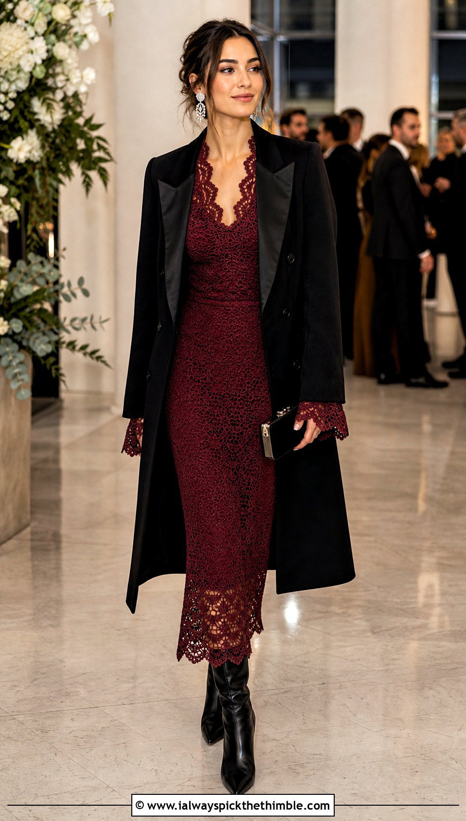 Scalloped Crochet Midi Dress With Tuxedo Coat - 20 crochet dress for winter outfit ideas