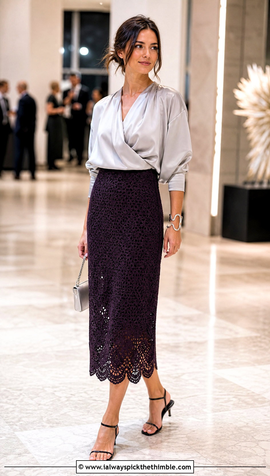 Scalloped Crochet Midi Skirt With Satin Blouse - 20 Beginner Crochet Skirt outfit ideas
