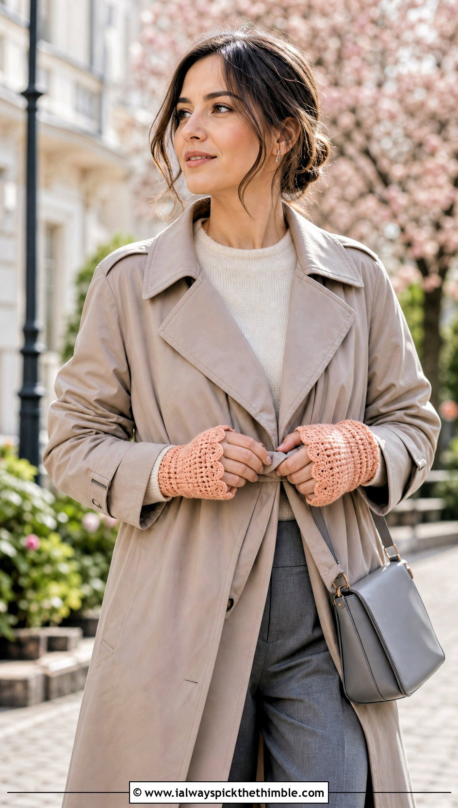 Scalloped Crochet Mittens With Trench Coat - 20 cute crochet mittens outfit ideas