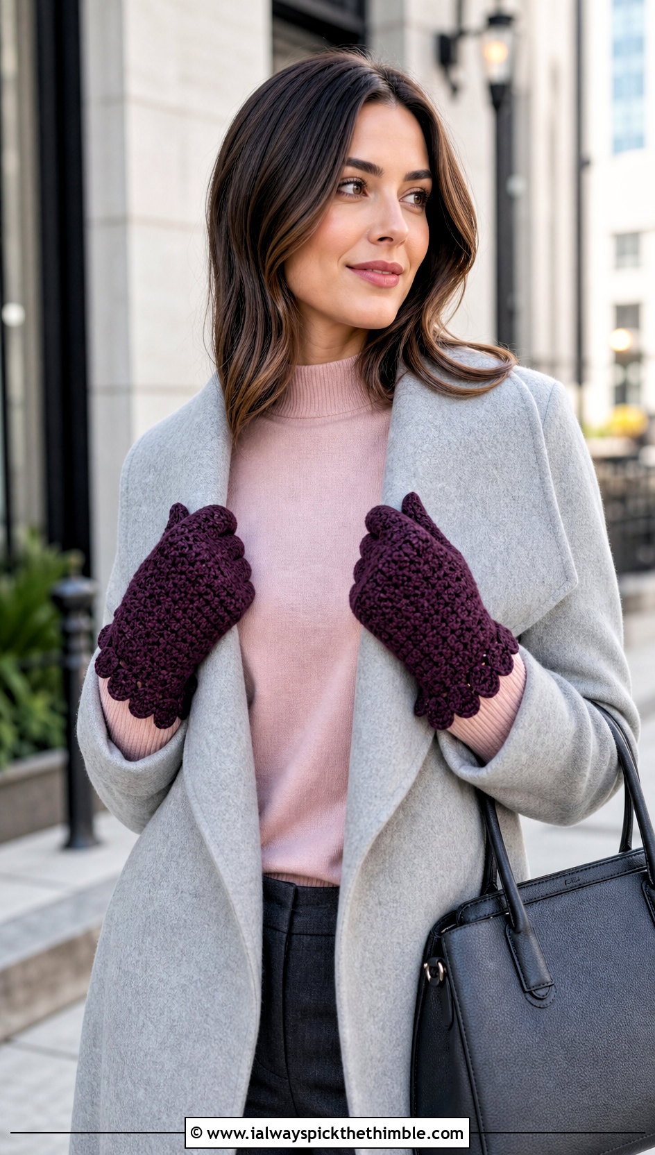 Scalloped Crochet Mittens With Wrap Coat - 25 easy crochet mittens outfit ideas