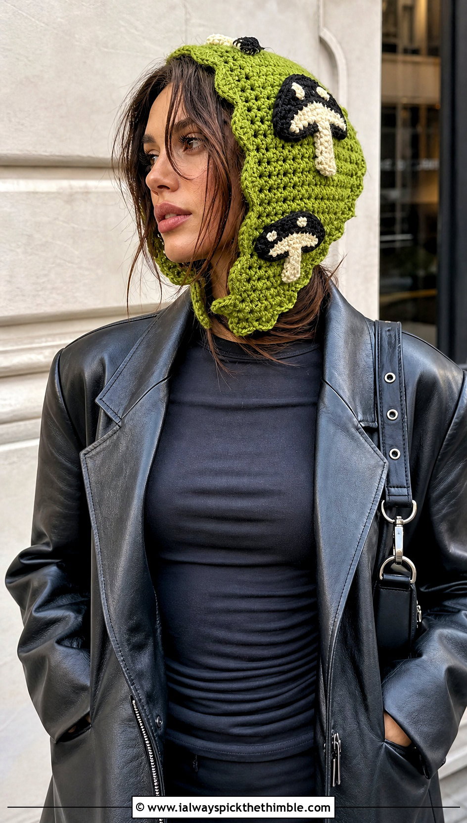Scalloped Crochet Mushroom Head Scarf With Leather Jacket - 15 Crochet Mushroom Head Scarf outfit ideas