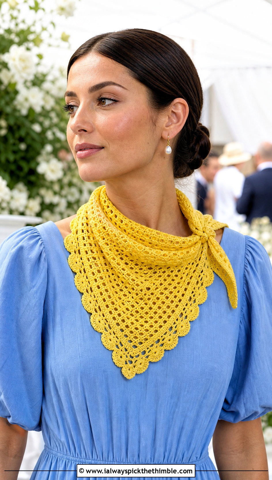 Scalloped Crochet Neckerchief With Midi Dress - 25 crochet neck scarf outfit ideas