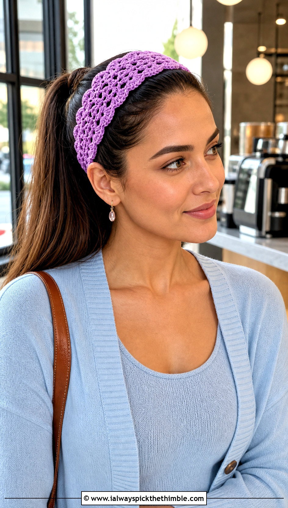 Scalloped Crochet Ponytail Headband With Cardigan Set - 20 crochet headband with ponytail hole outfit ideas