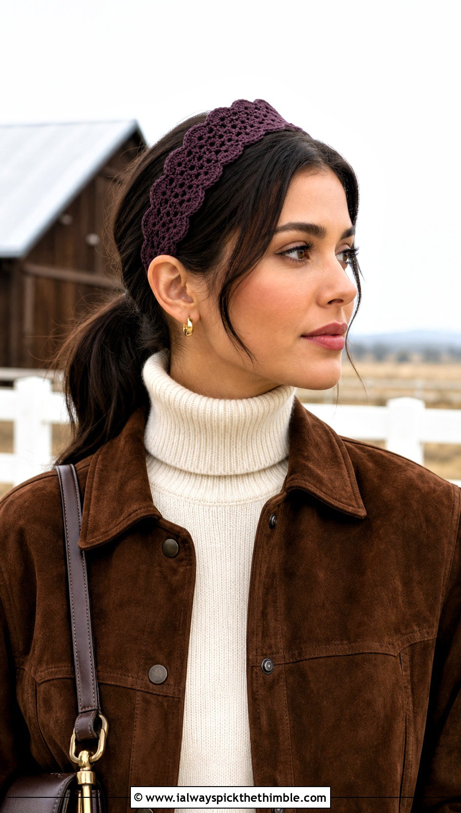 Scalloped Crochet Ponytail Headband With Suede Jacket - 20 Crochet Ponytail Headband outfit ideas