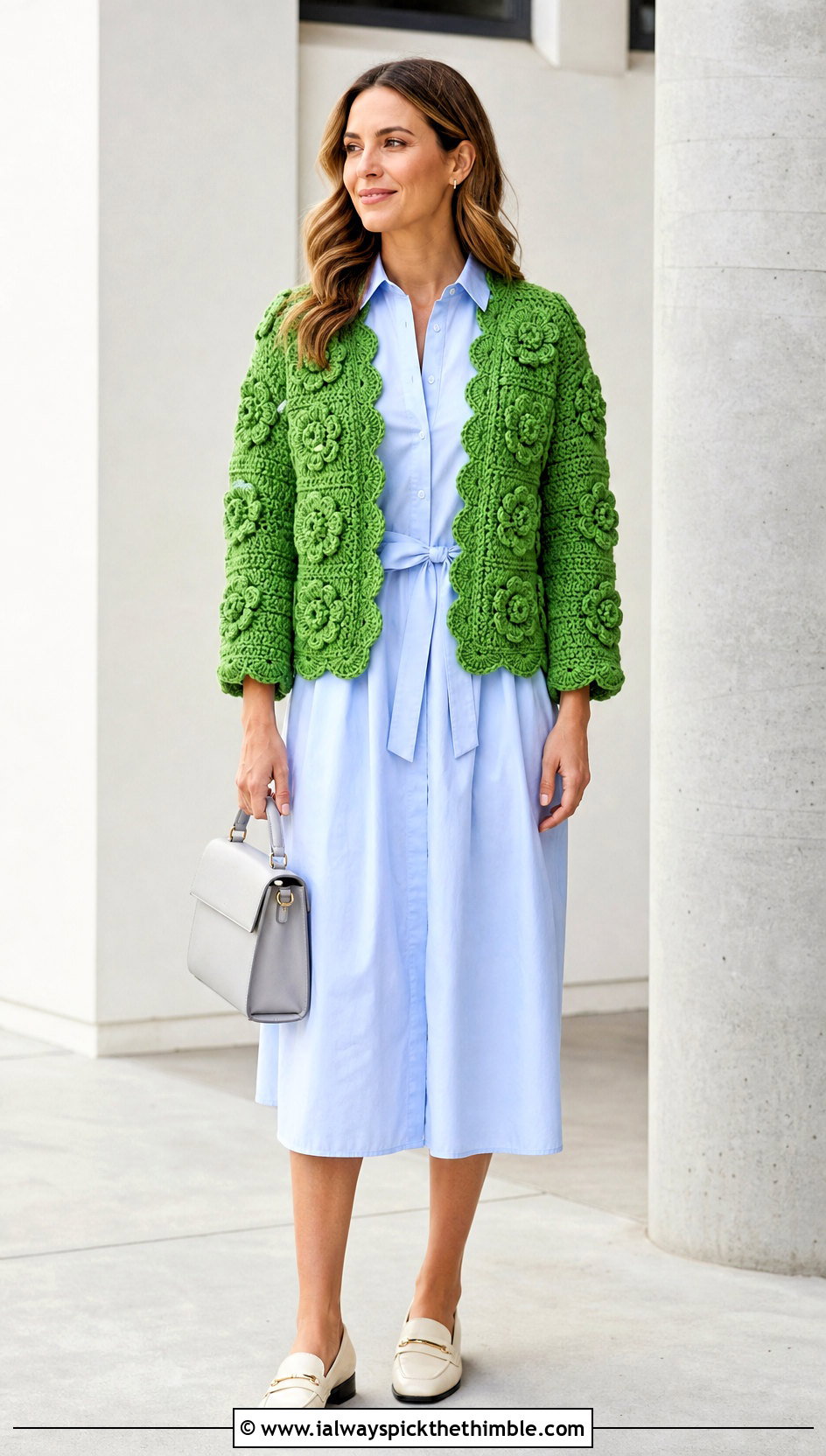 Scalloped Crochet Puff Flower Cardigan With Shirt Dress - 15 Crochet Puff Flower Cardigan outfit ideas