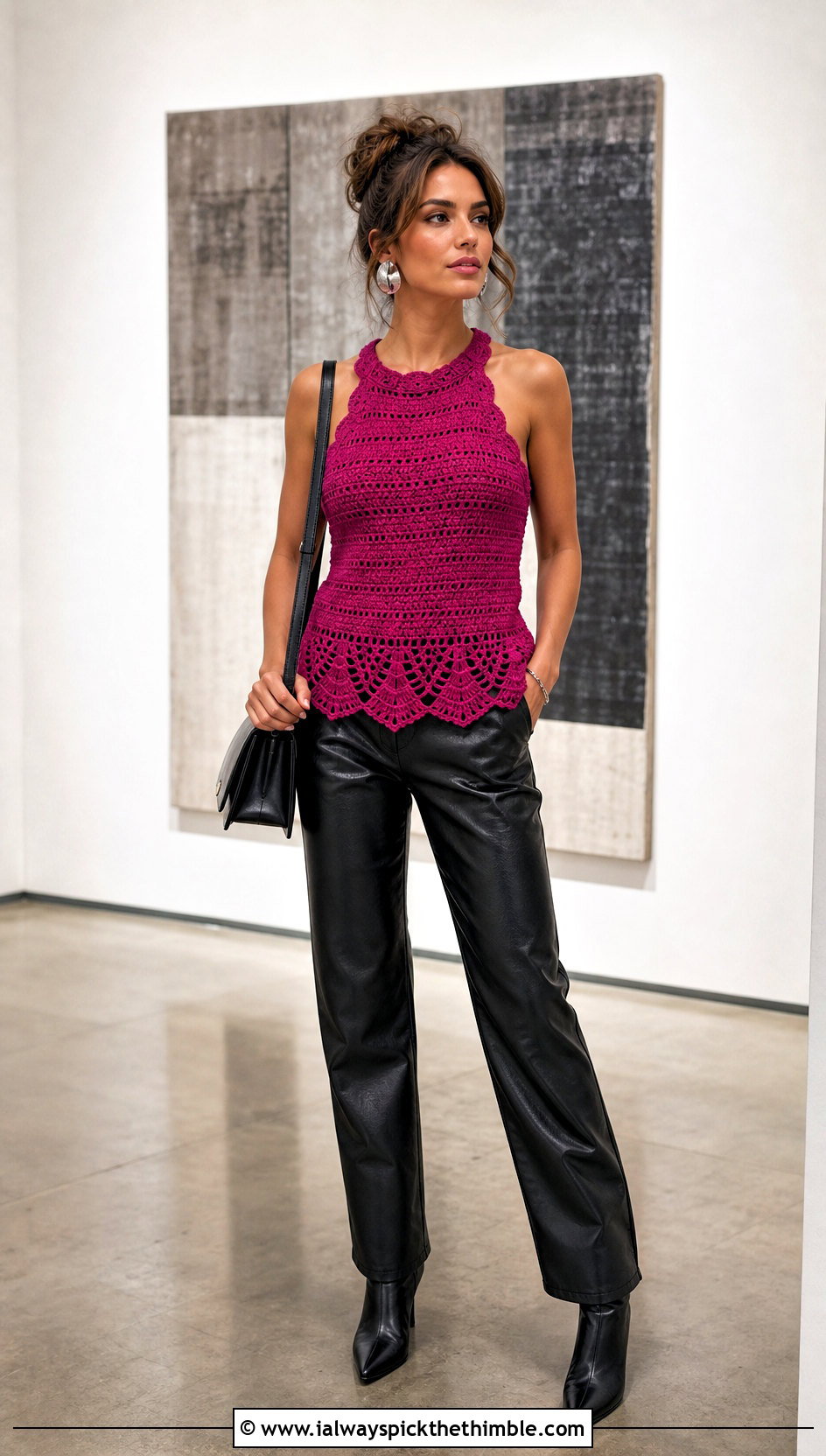 Scalloped Crochet Racerback Tank Top With Leather Pants - 20 Crochet Racerback Tank Tops outfit ideas