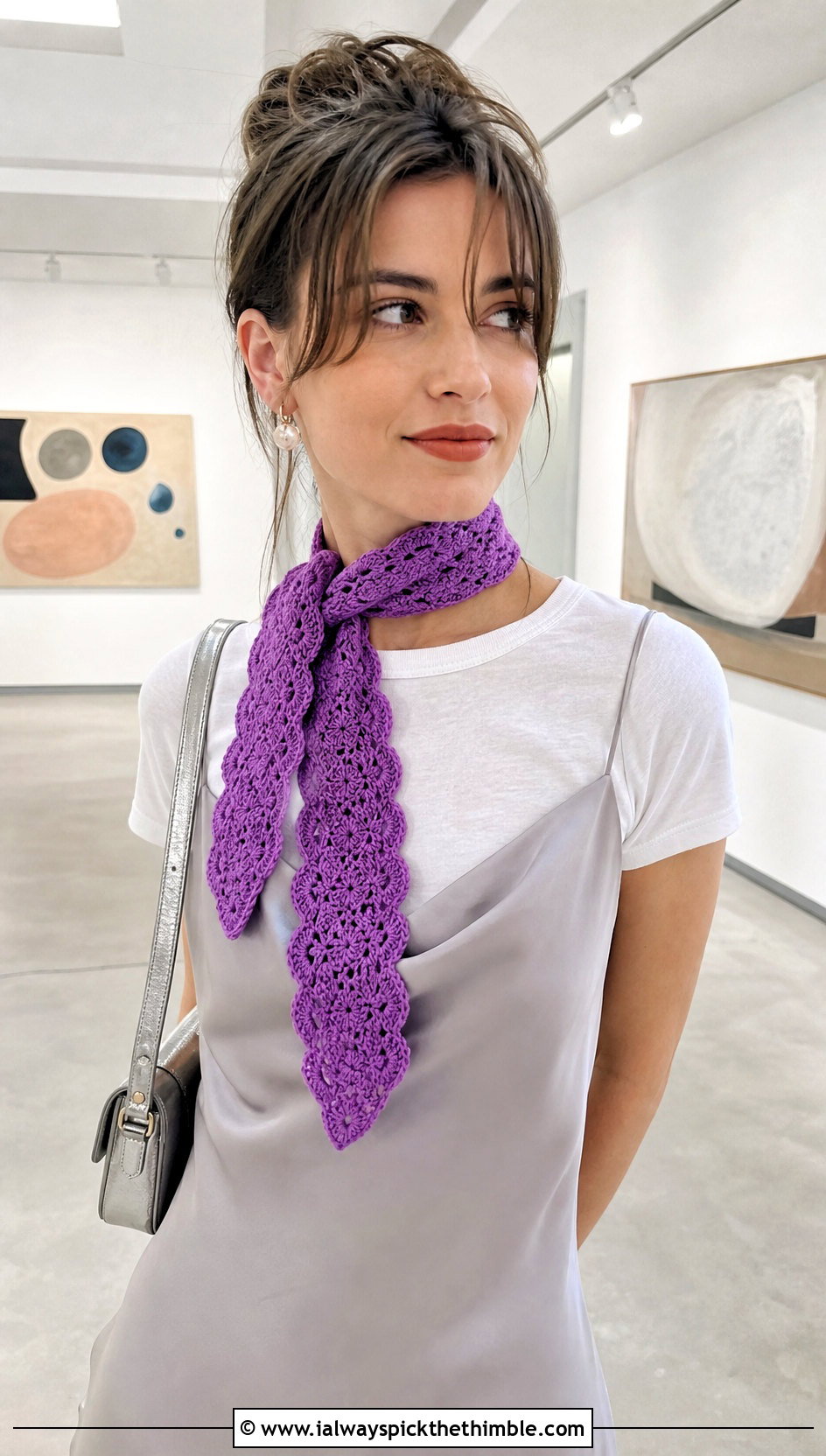 Scalloped Crochet Ribbon Scarf With Slip Dress - 15 Crochet Ribbon Scarf outfit ideas