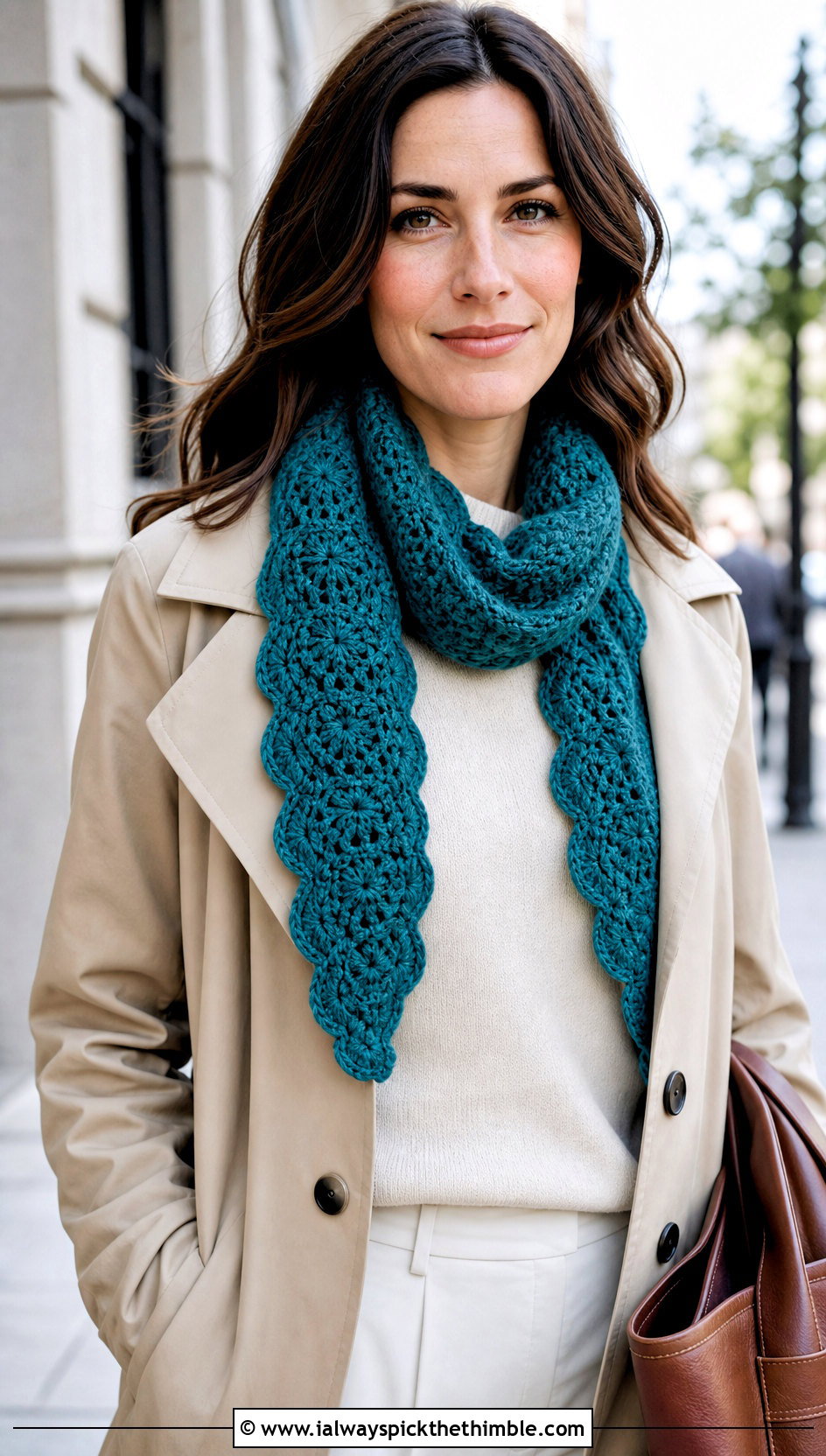 Scalloped Crochet Road Trip Scarf With Trench Coat - 15 Crochet Road Trip Scarf outfit ideas