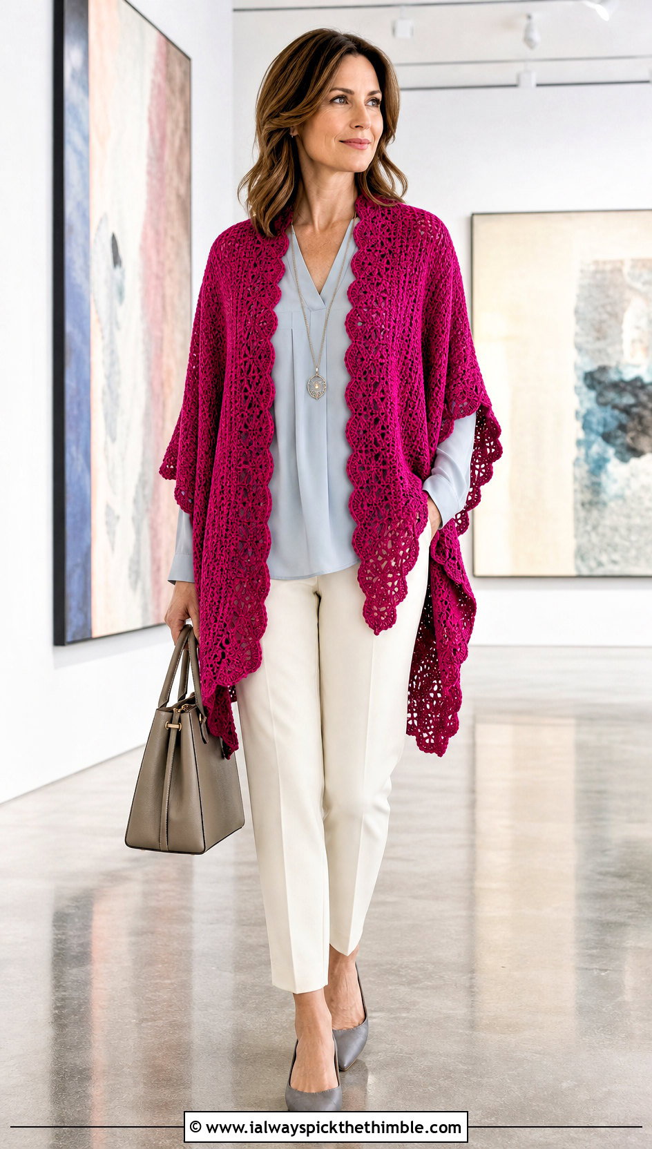Scalloped Crochet Ruana With Blouse And Ankle Pants - 15 easy crochet ruana outfit ideas