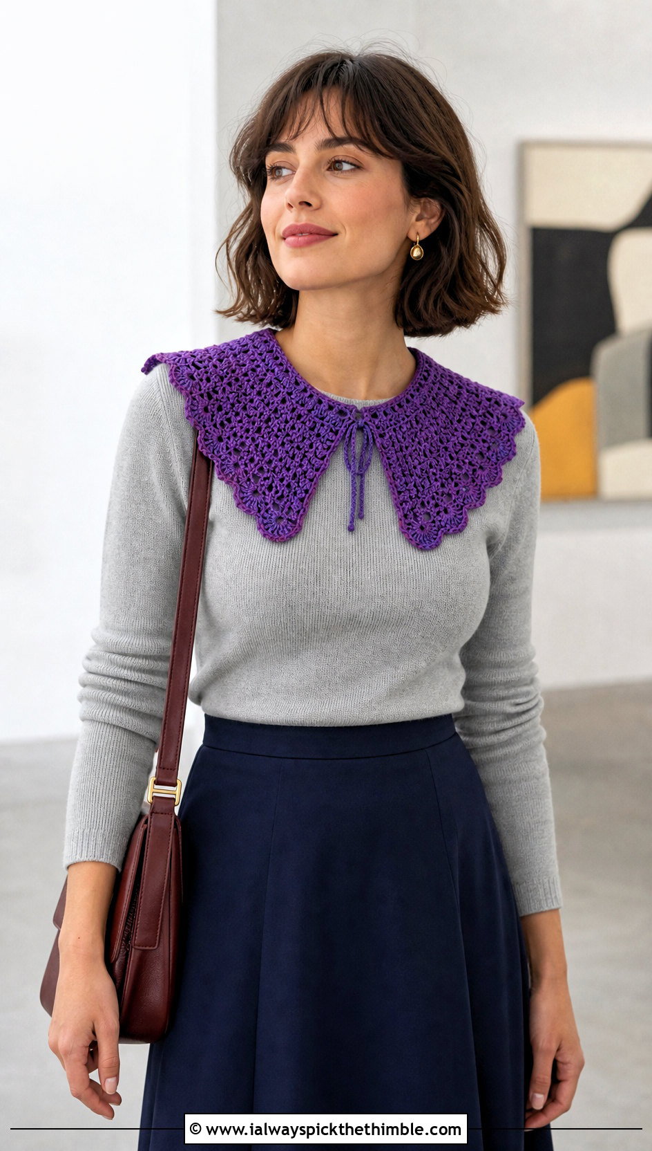 Scalloped Crochet Sailor Collar With Sweater And Midi Skirt - 20 crochet sailor collar outfit ideas