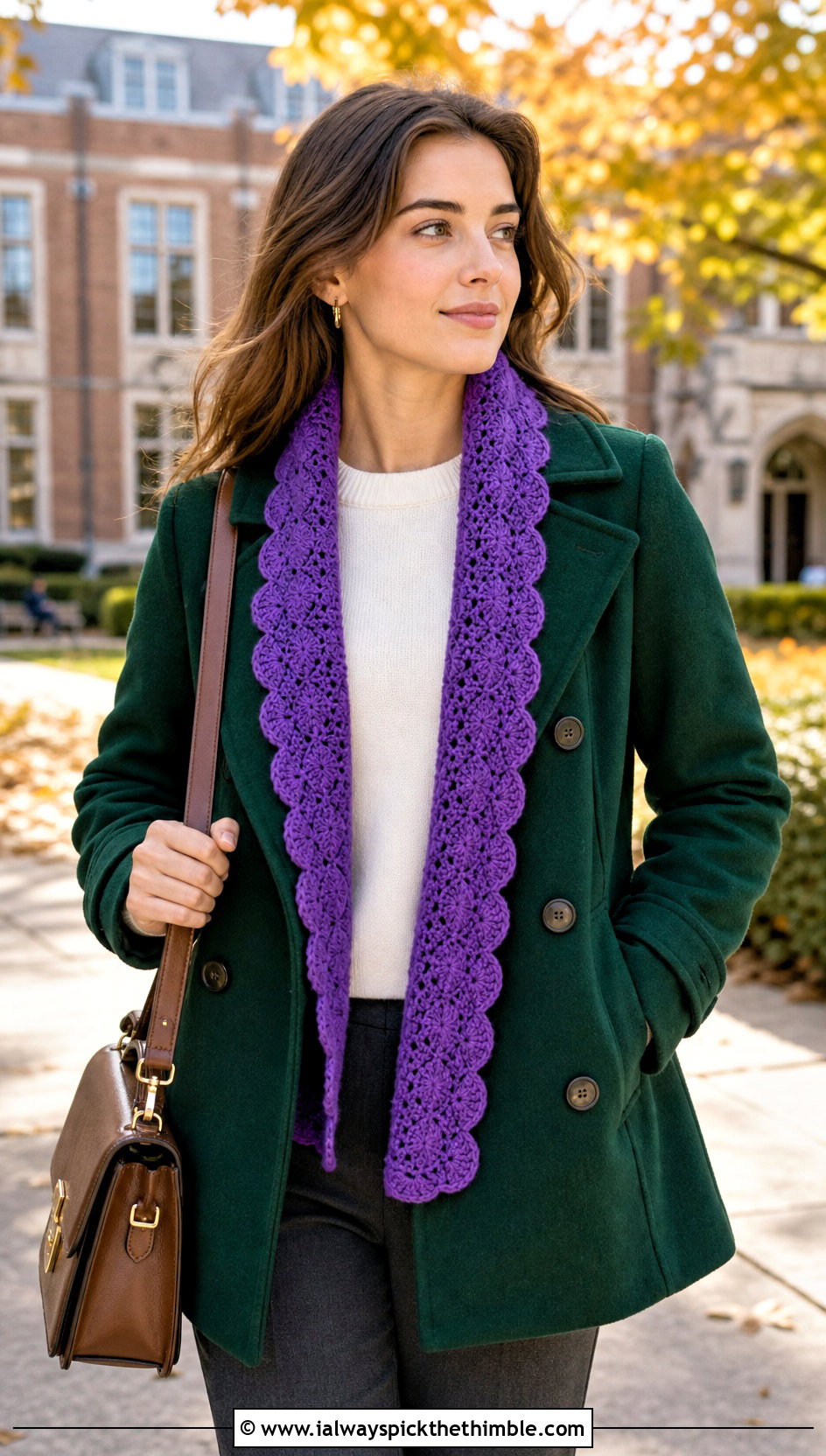 Scalloped Crochet Scarf With Peacoat And Cropped Pants - 20 crochet for scarfs outfit ideas
