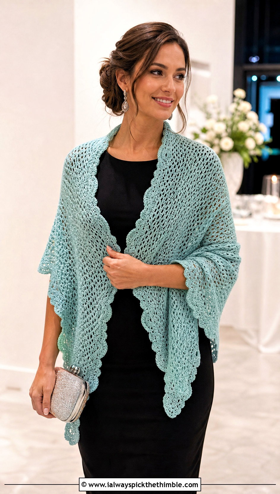 Scalloped Crochet Shawl With Black Midi Dress - 20 boho crochet shawl outfit ideas