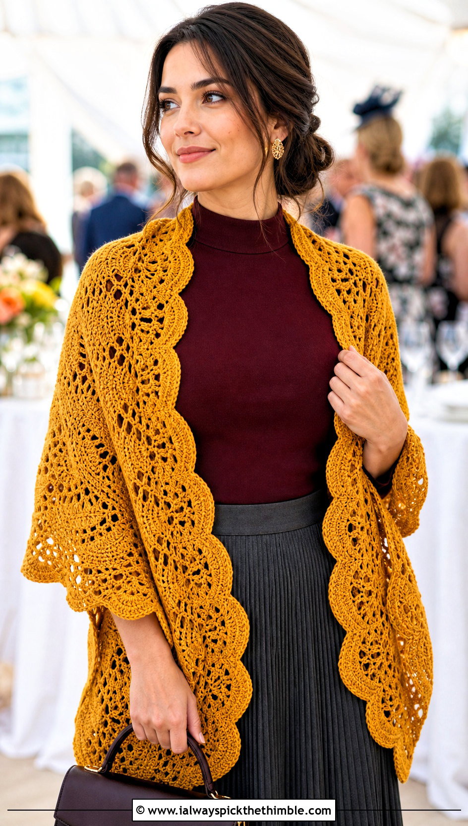 Scalloped Crochet Shawl With Pleated Skirt - 25 quick crochet shawl outfit ideas