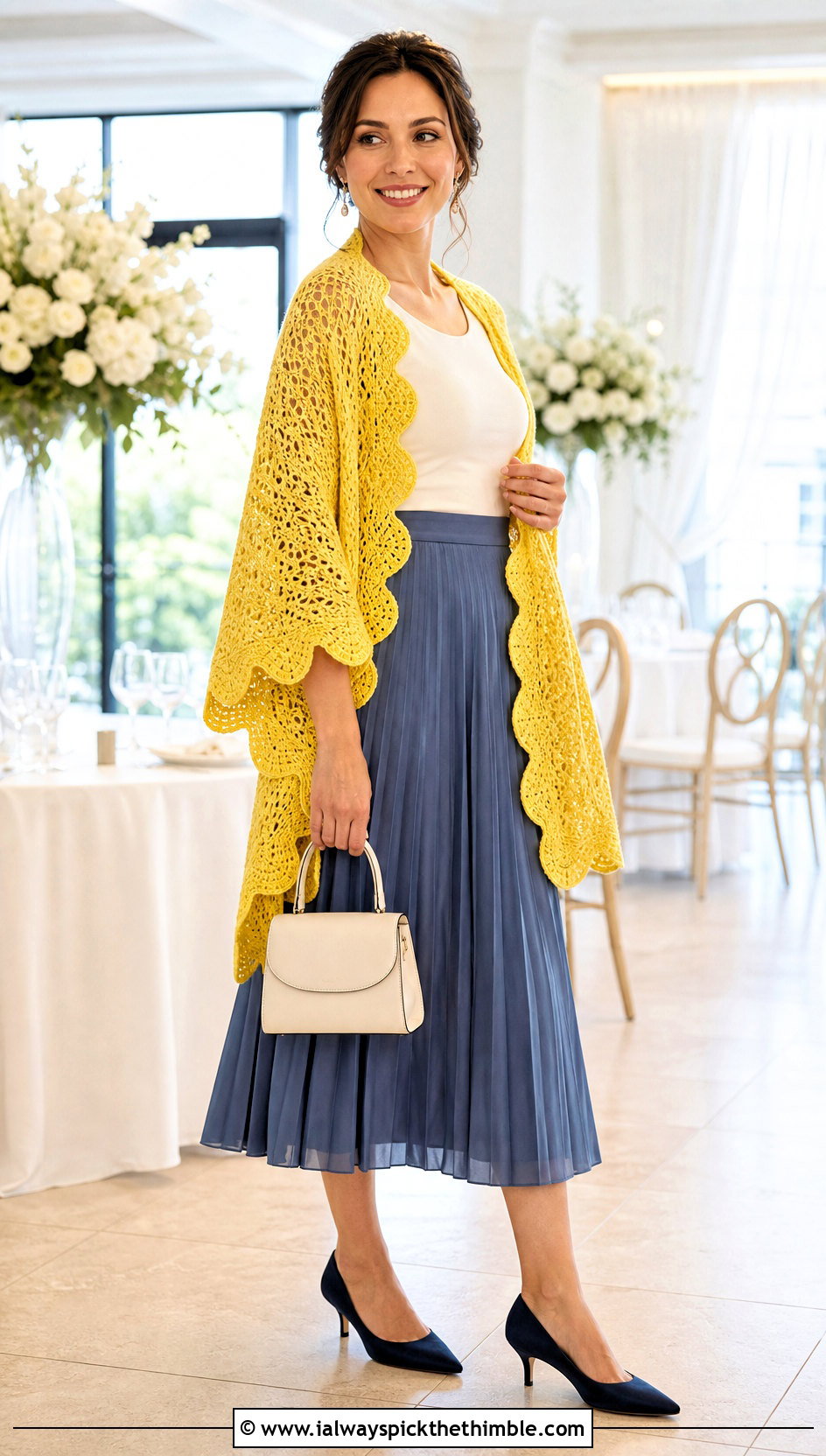 Scalloped Crochet Shawl With Pleated Skirt - 20 Elegant Crochet Shawl outfit ideas