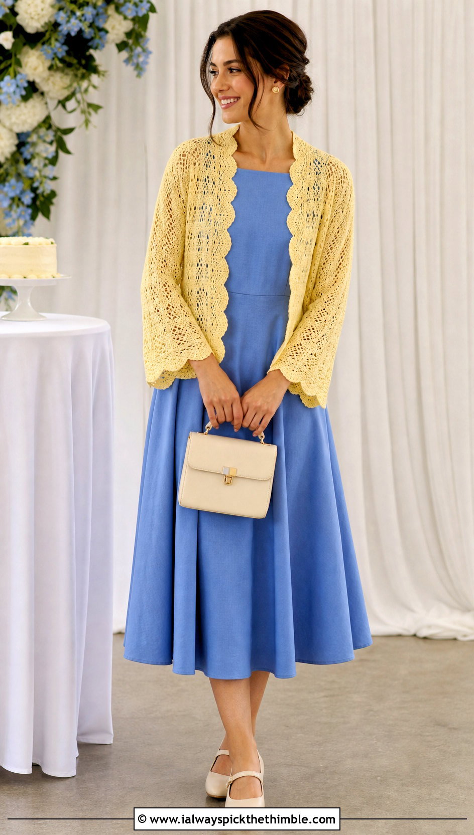Scalloped Crochet Shawl With Sleeves And A Line Dress - 25 crochet shawl with sleeves outfit ideas