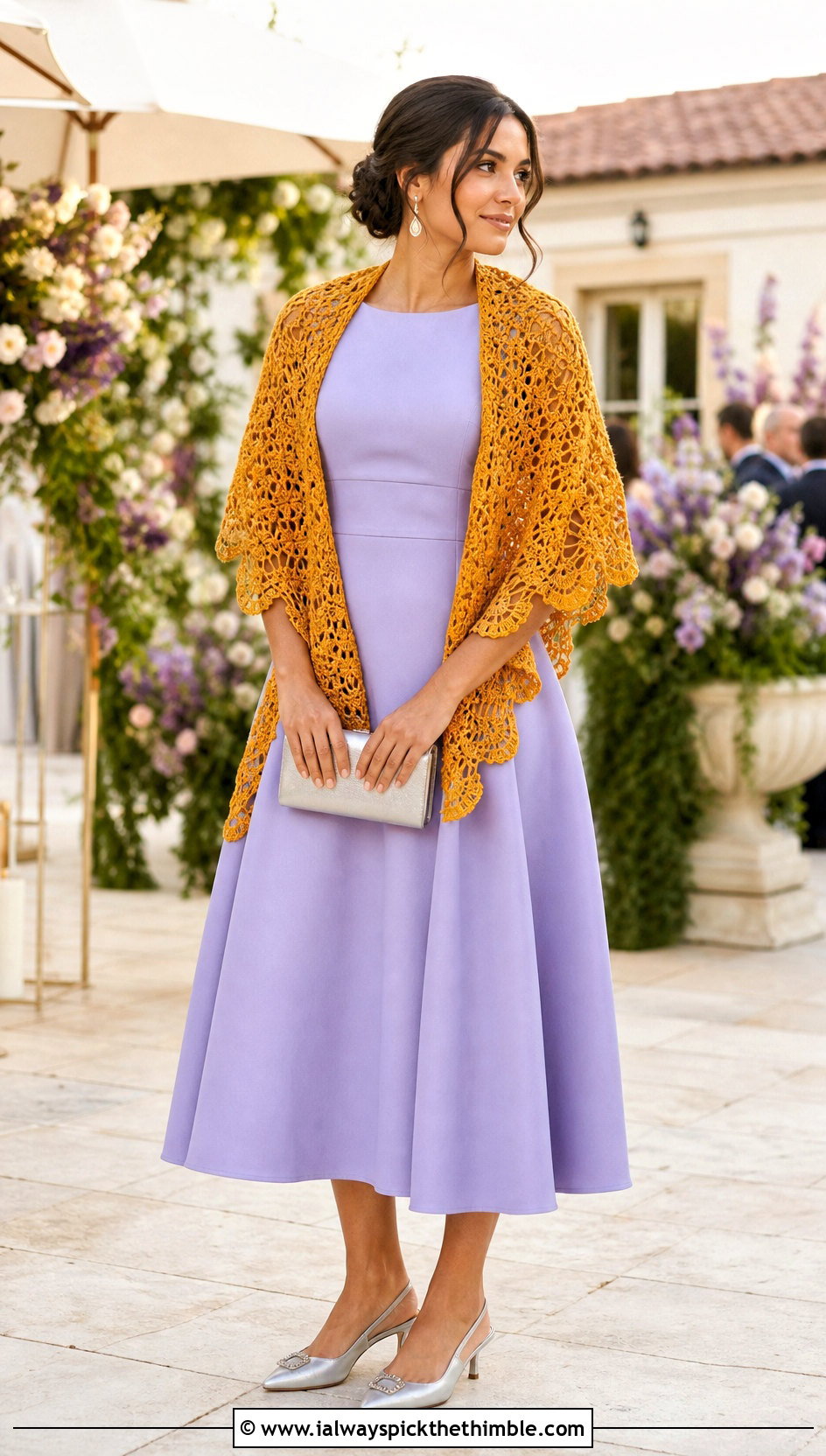 Scalloped Crochet Shawl With Wedding Guest Dress - 25 easy crochet shawl outfit ideas