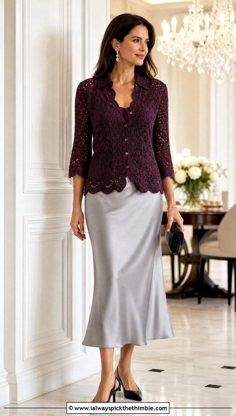 Scalloped Crochet Shirt With Bias Cut Midi Skirt - 25 crochet shirt outfit ideas