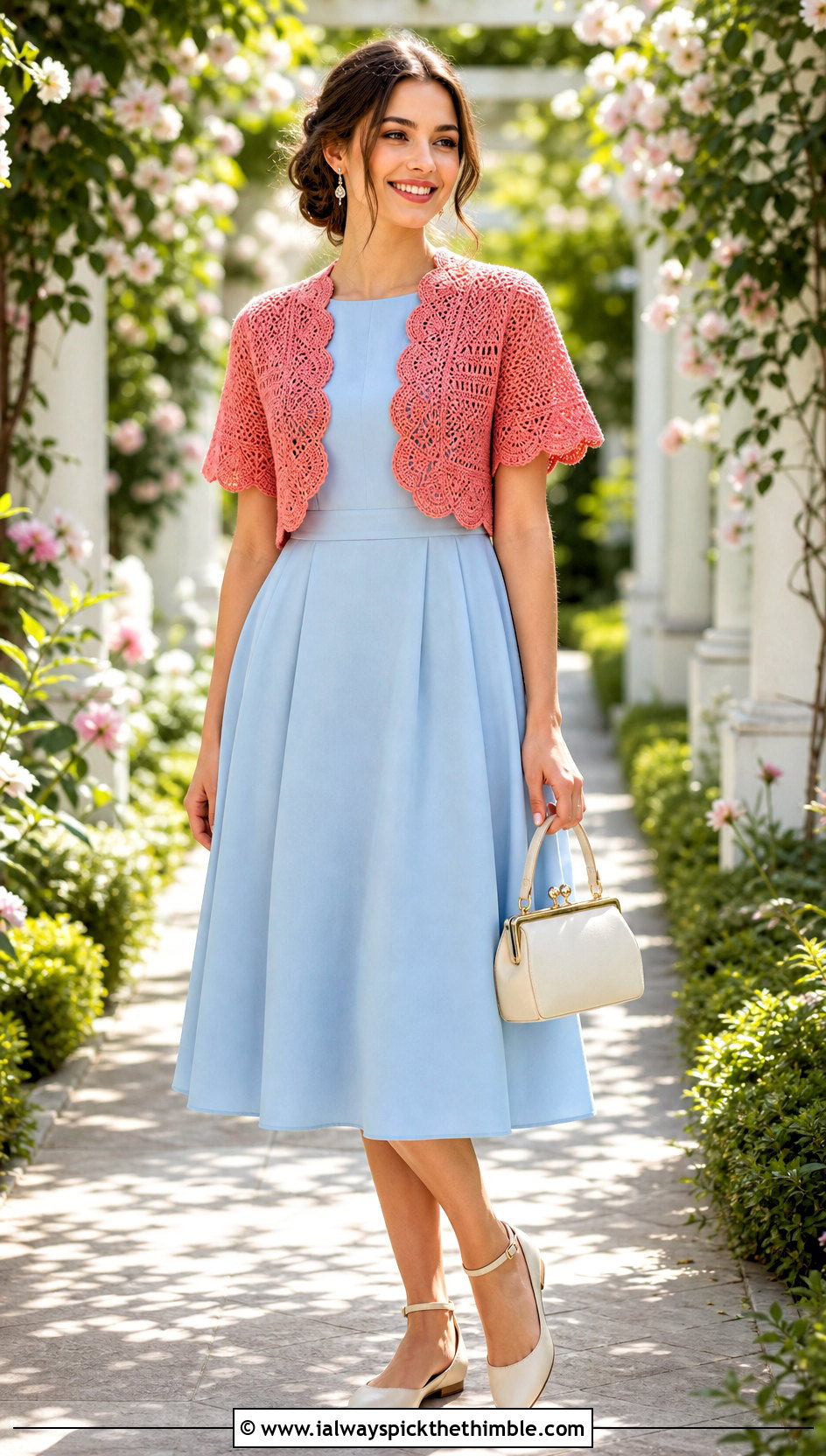 Scalloped Crochet Shrug Sweater With Tea Dress - 20 crochet shrug sweater outfit ideas