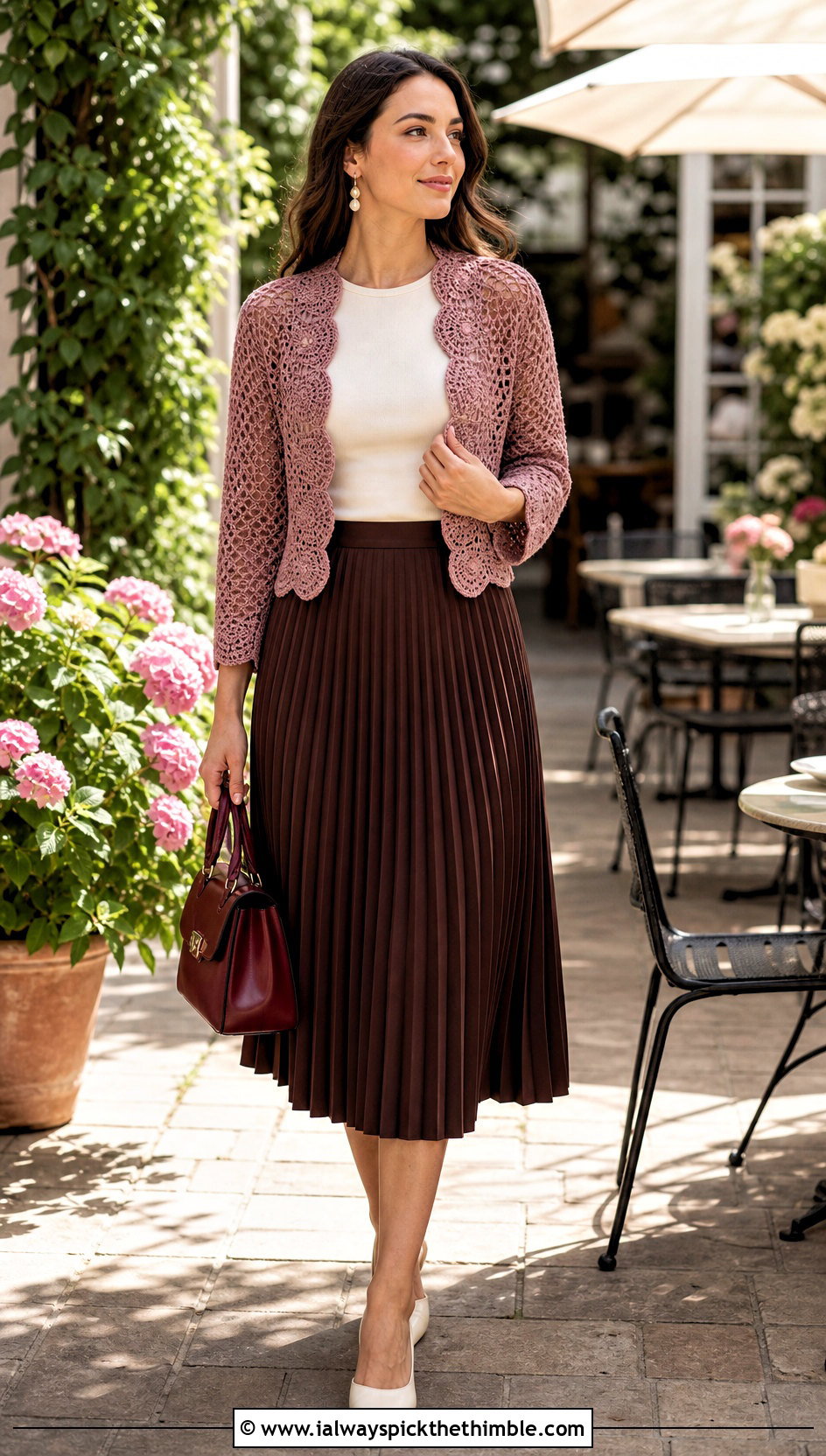 Scalloped Crochet Shrug With Pleated Midi Skirt - 20 crochet shrug for women outfit ideas
