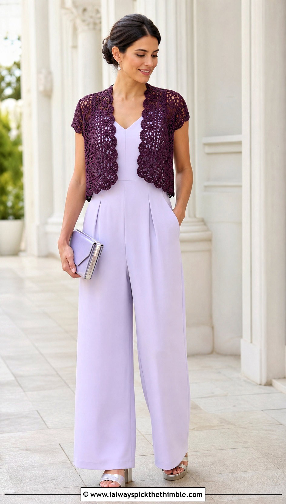 Scalloped Crochet Shrug With Wide Leg Jumpsuit - 25 easy crochet shrug outfit ideas