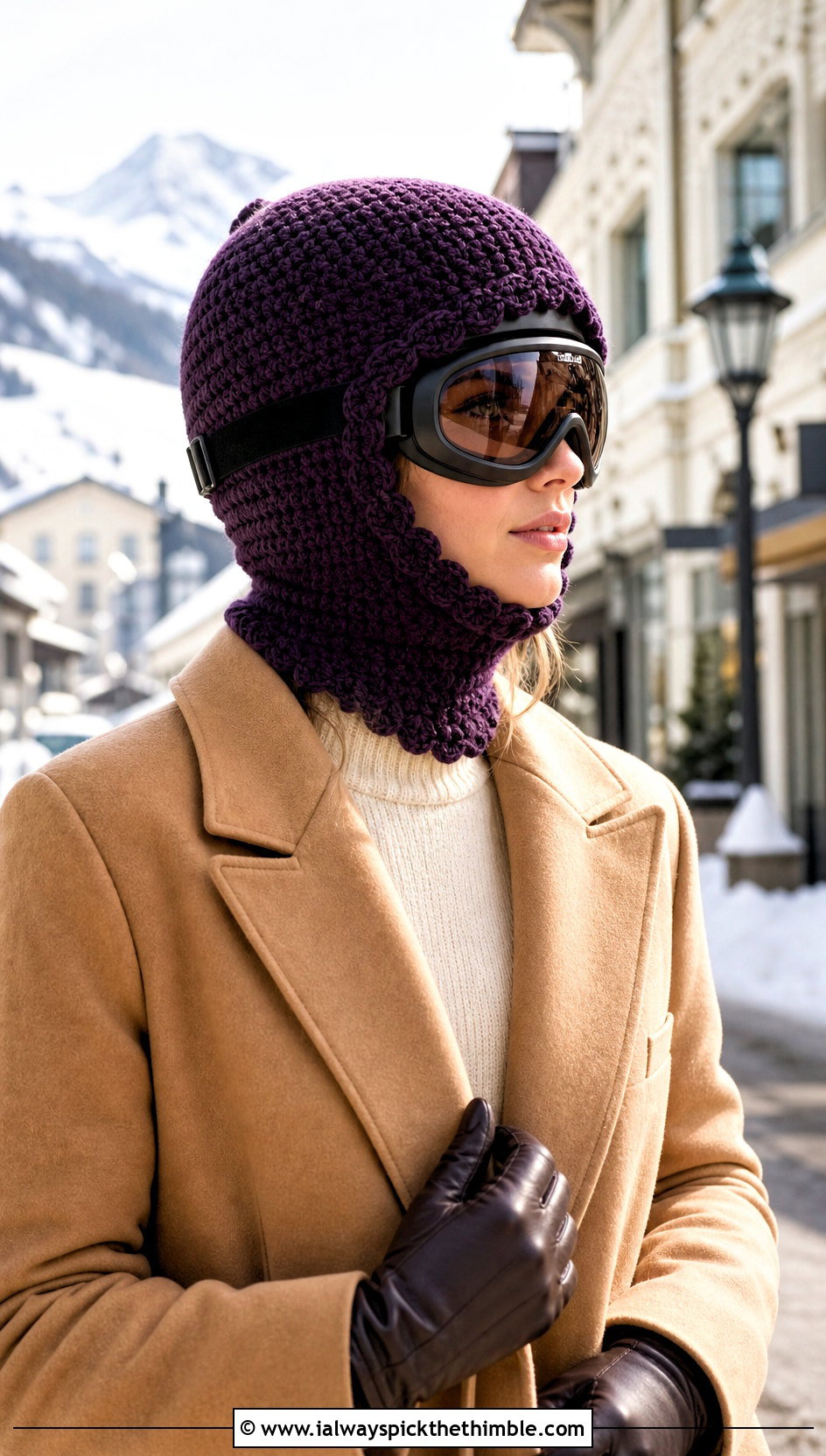 Scalloped Crochet Ski Helmet Balaclava With Tailored Winter Coat - 15 crochet ski helmet balaclava outfit ideas