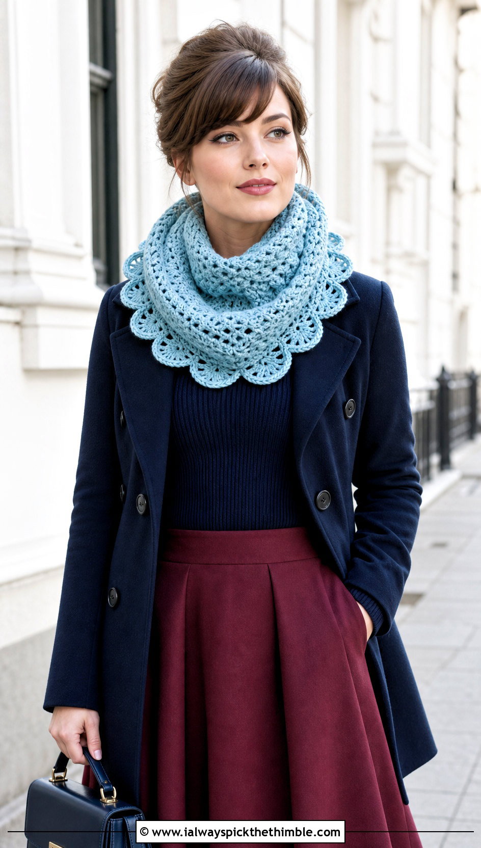 Scalloped Crochet Snood Cowl With Peacoat - 20 crochet snood cowl outfit ideas