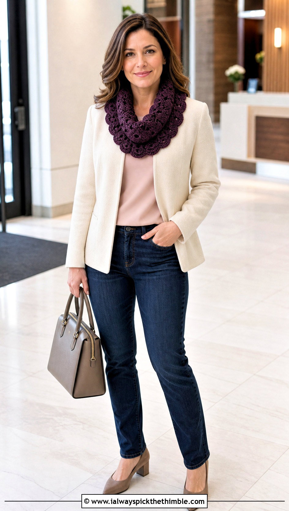 Scalloped Crochet Snood Scarf With Collarless Jacket - 20 crochet snood scarf outfit ideas