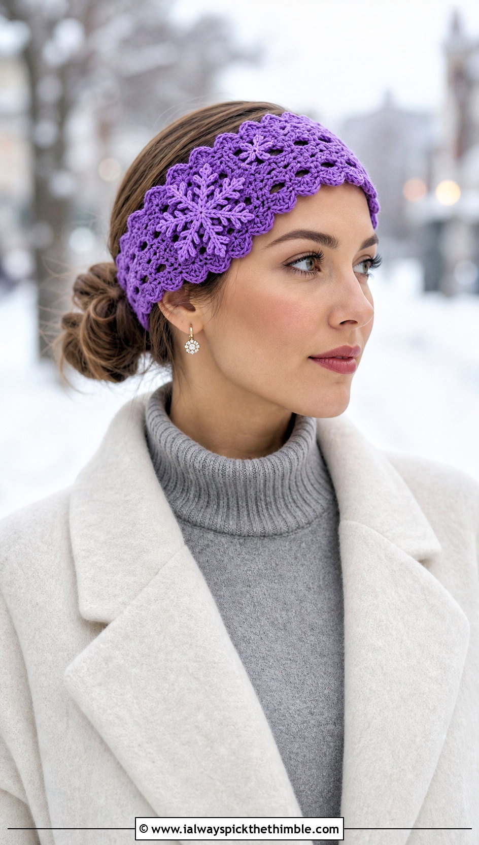 Scalloped Crochet Snowflake Headband With Sweater Dress - 20 Crochet Snowflake Headband outfit ideas