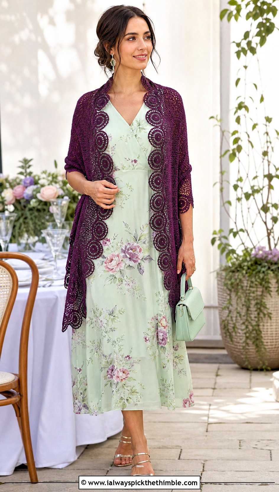 Scalloped Crochet Stole With Floral Midi Dress - 20 summer crochet shawl outfit ideas