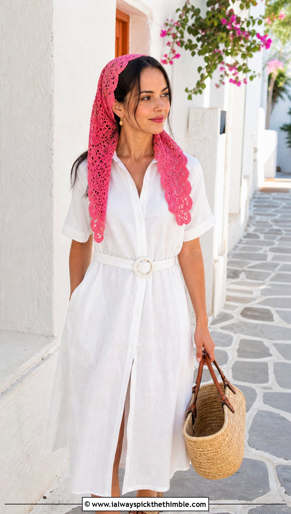 Scalloped Crochet Summer Scarf With White Shirt Dress - 25 summer crochet scarf outfit ideas