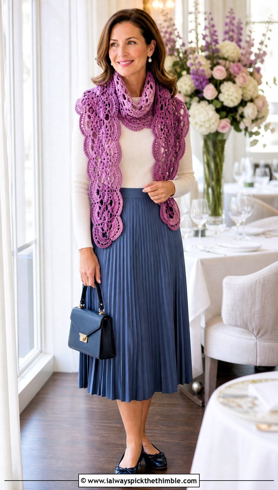 Scalloped Crochet Sweater Scarf With Pleated Skirt - 25 crochet sweater scarf outfit ideas