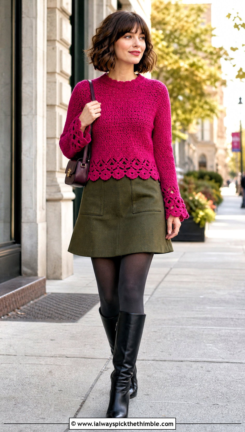 Scalloped Crochet Sweater With A Line Mini Skirt - 20 vintage crochet sweater outfit ideas