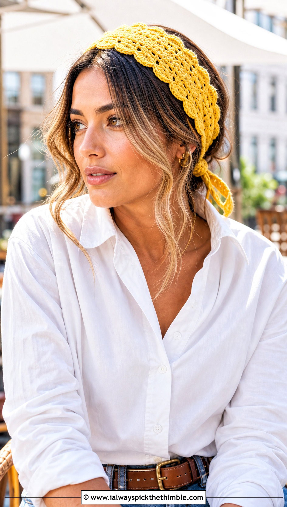 Scalloped Crochet Tie Headband With White Shirt And Jeans - 25 crochet tie headband outfit ideas
