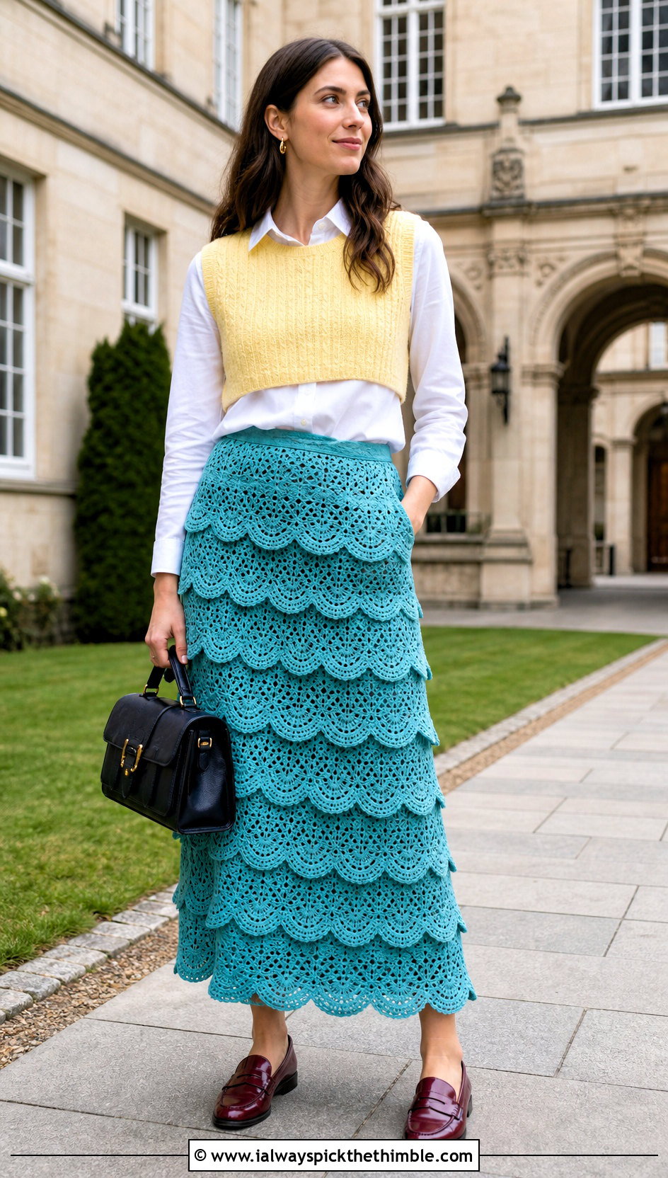 Scalloped Crochet Tiered Maxi Skirt With Sweater Vest - 25 crochet tiered skirt outfit ideas