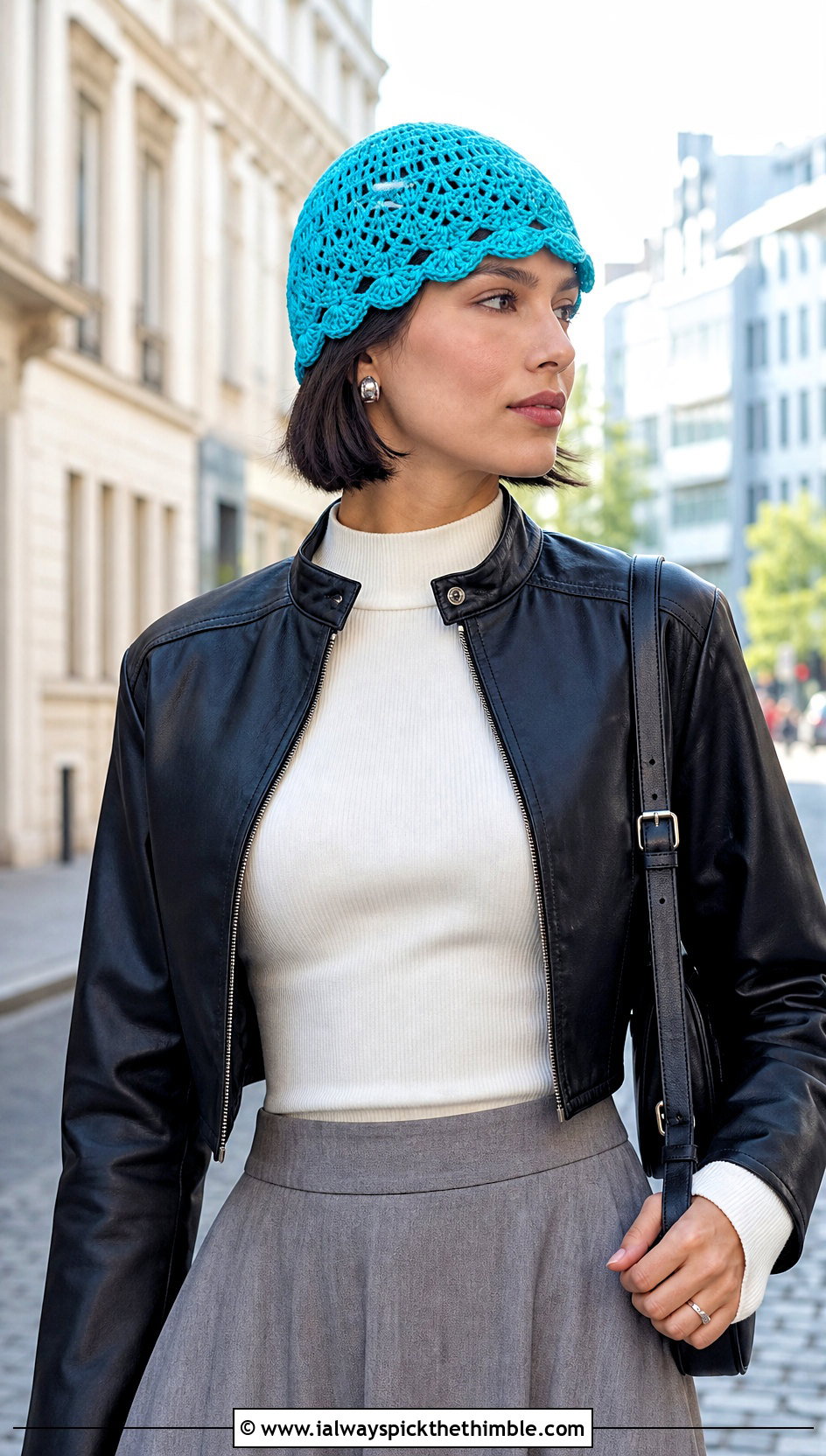 Scalloped Crochet Tiny Cloche Cap With Leather Jacket - 25 crochet tiny hat outfit ideas