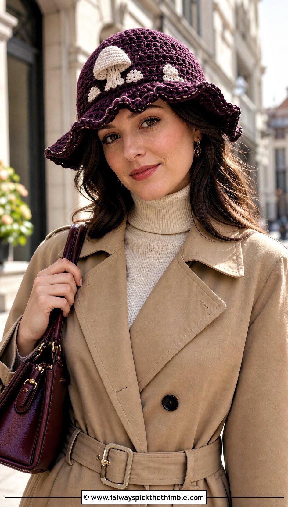 Scalloped Crochet Toadstool Hat With Trench Coat - 15 Crochet Toadstool Hat outfit ideas