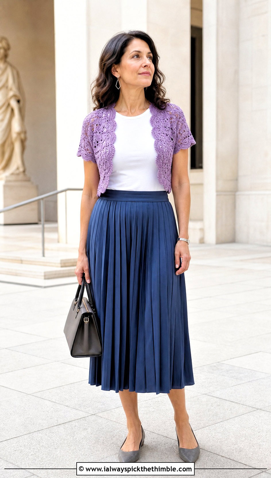Scalloped Crochet Top Shrug With Pleated Midi Skirt - 20 crochet top shrug outfit ideas