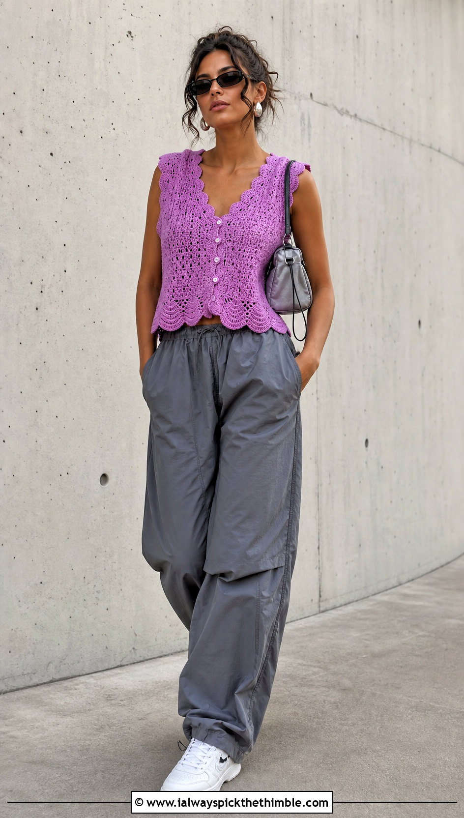 Scalloped Crochet Top With Parachute Pants - 25 crochet tops for women outfit ideas
