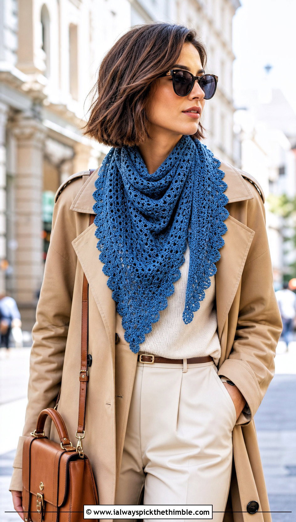 Scalloped Crochet Triangle Shawl With Trench Coat And Trousers - 25 crochet triangle shawl outfit ideas