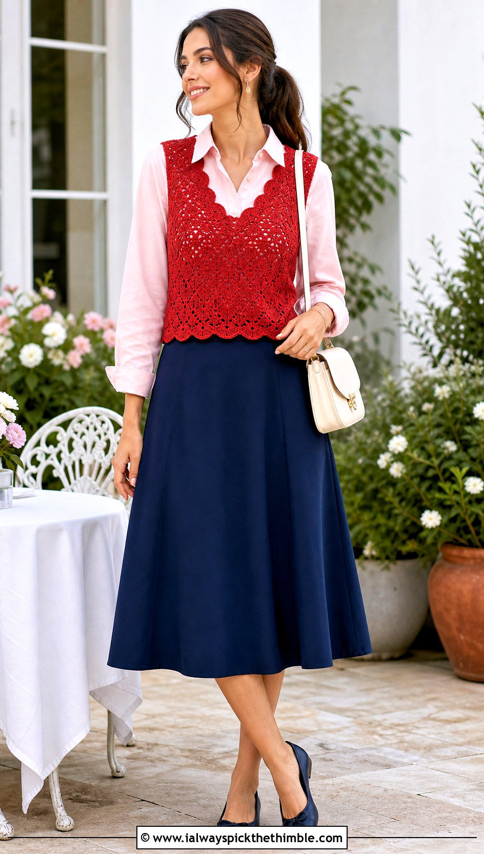 Scalloped Crochet V Neck Sweater Vest With A Line Skirt - 20 crochet v neck sweater vest outfit ideas