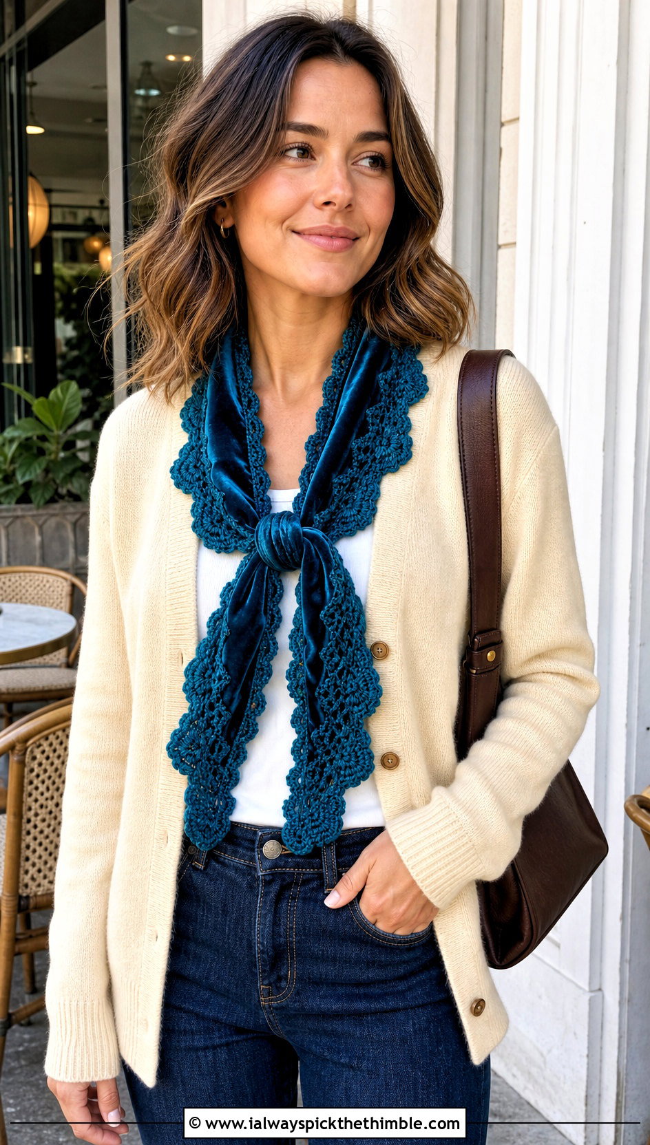 Scalloped Crochet Velvet Scarf With Cardigan And Jeans - 20 Crochet Velvet Scarf outfit ideas