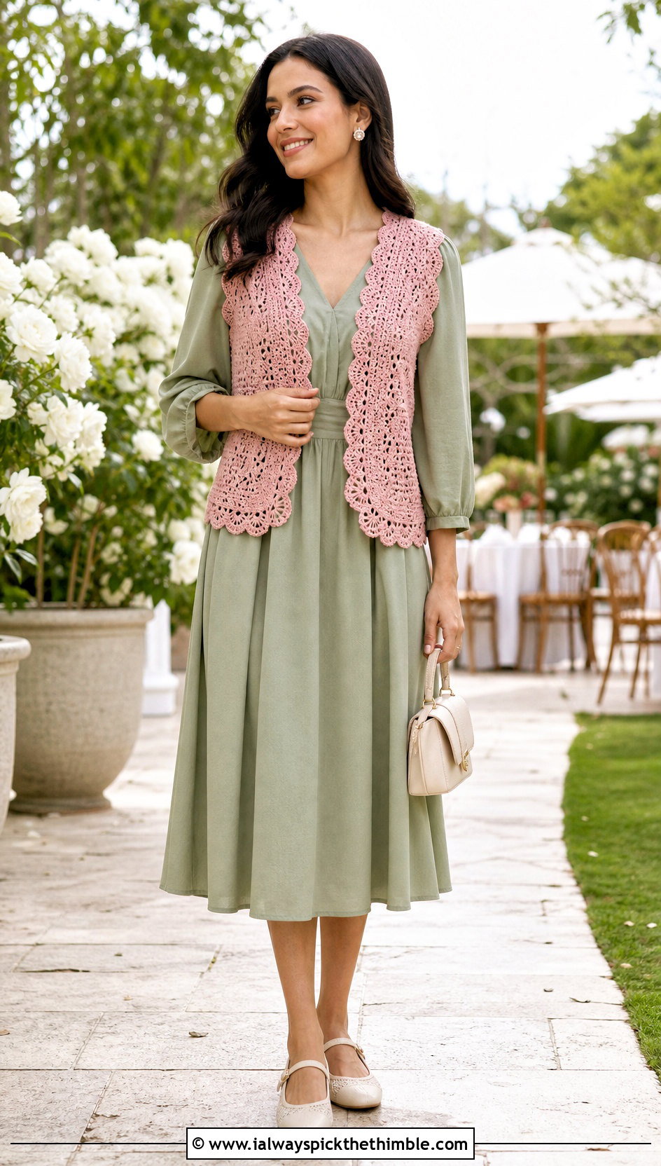 Scalloped Crochet Waistcoat With Midi Dress - 20 ladies crochet waistcoat outfit ideas