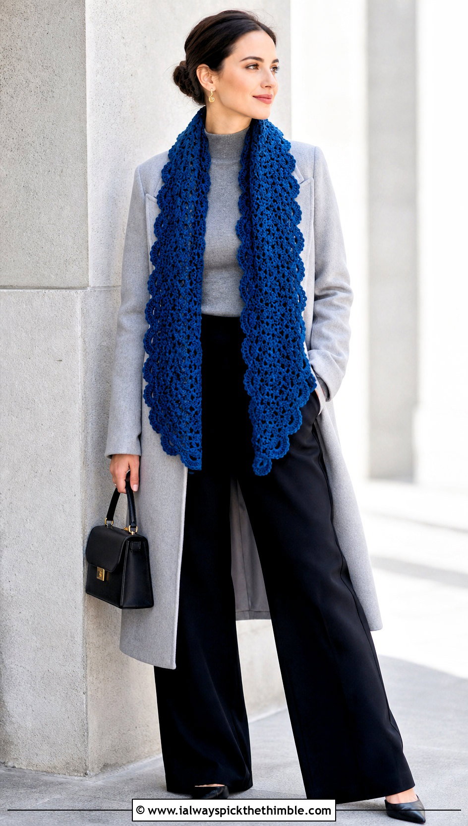 Scalloped Crochet Wide Scarf With Wide Leg Trousers - 20 Crochet Wide Scarf outfit ideas