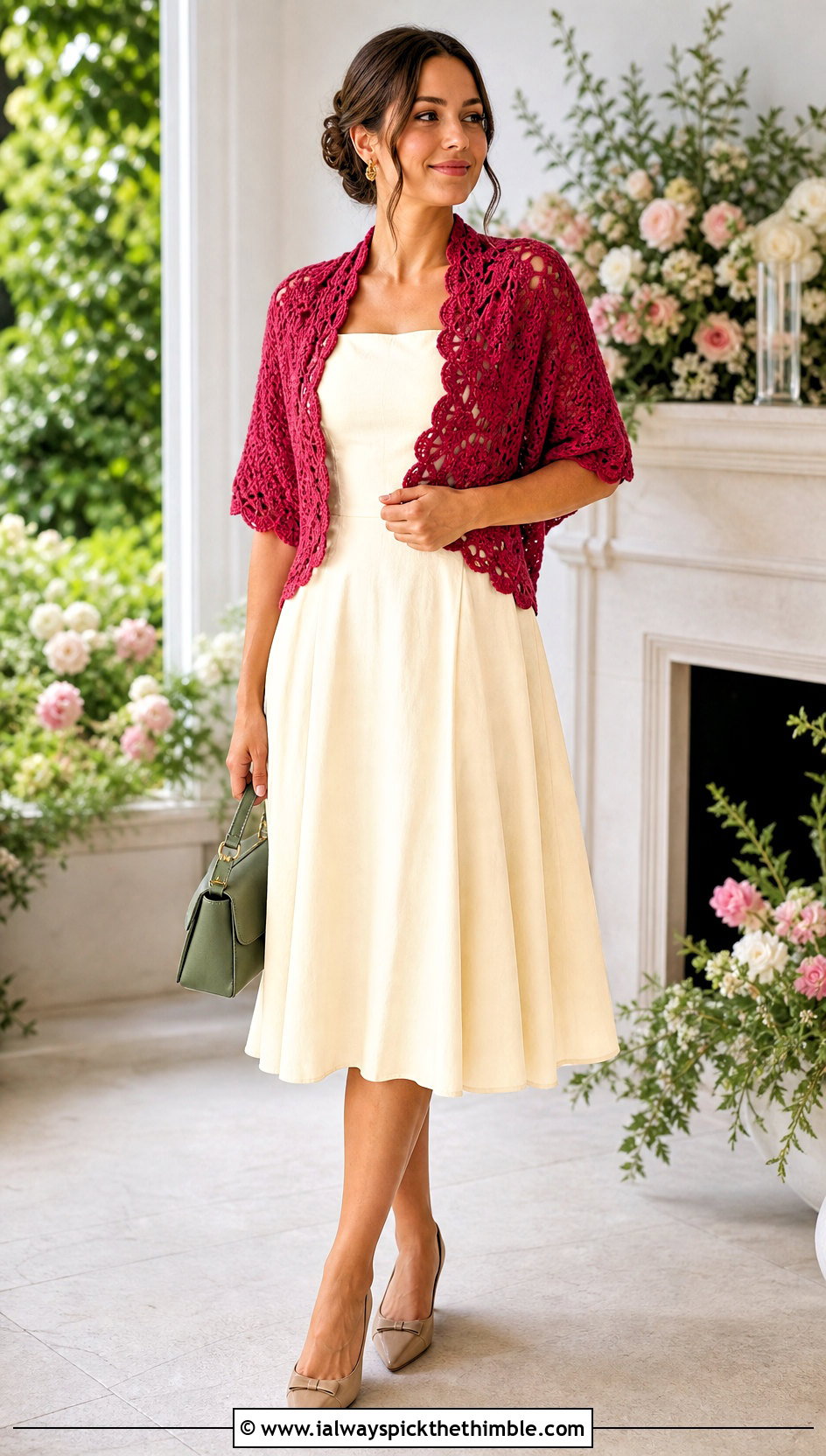 Scalloped Crochet Wrap Shrug With Fit And Flare Dress - 25 Crochet Wrap Shrug outfit ideas