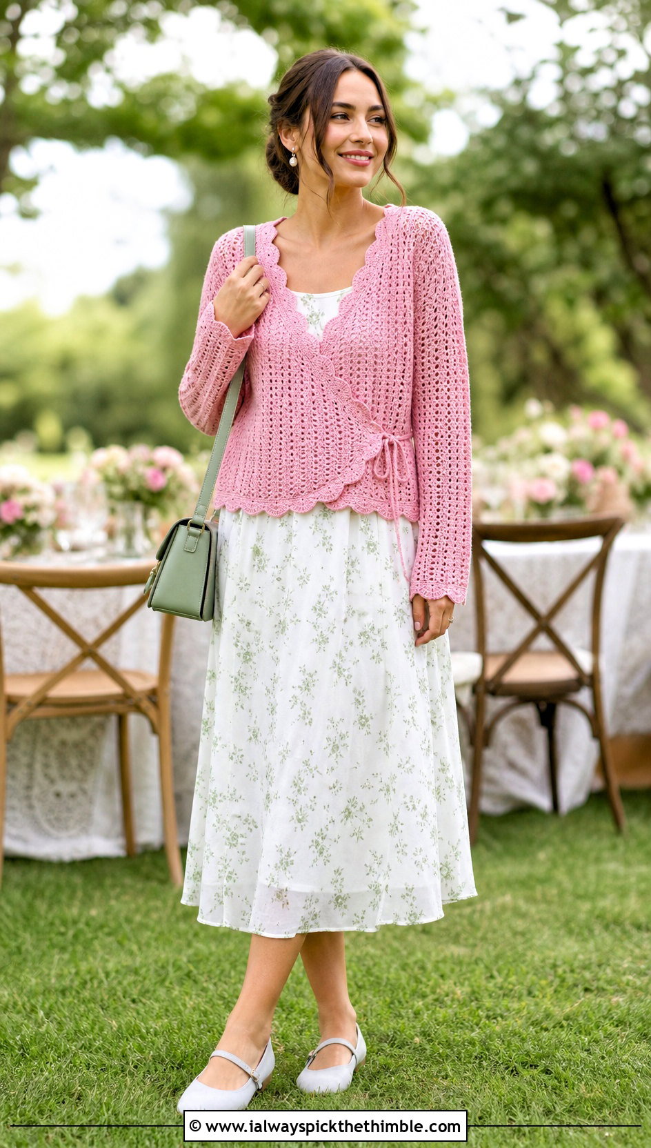Scalloped Crochet Wrap Sweater With Floral Midi Dress - 25 crochet wrap sweater outfit ideas